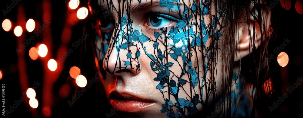Poster surreal cosmic vision featuring a face with blue leaf patterns against a colorful bokeh background c