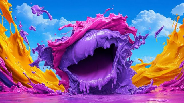 Vibrant splash of colorful paint creating an abstract expression in shades of purple and orange against a bright blue sky