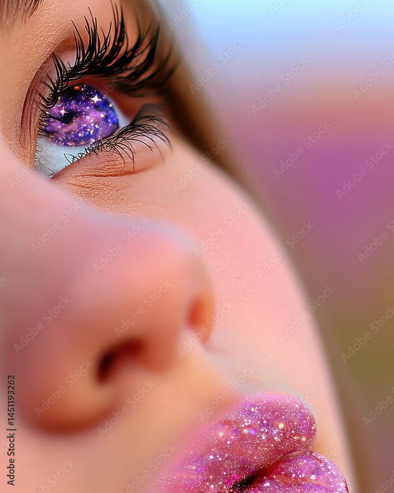 Poster surreal cosmic vision with double exposure effect featuring sparkling space elements in the eyes of 