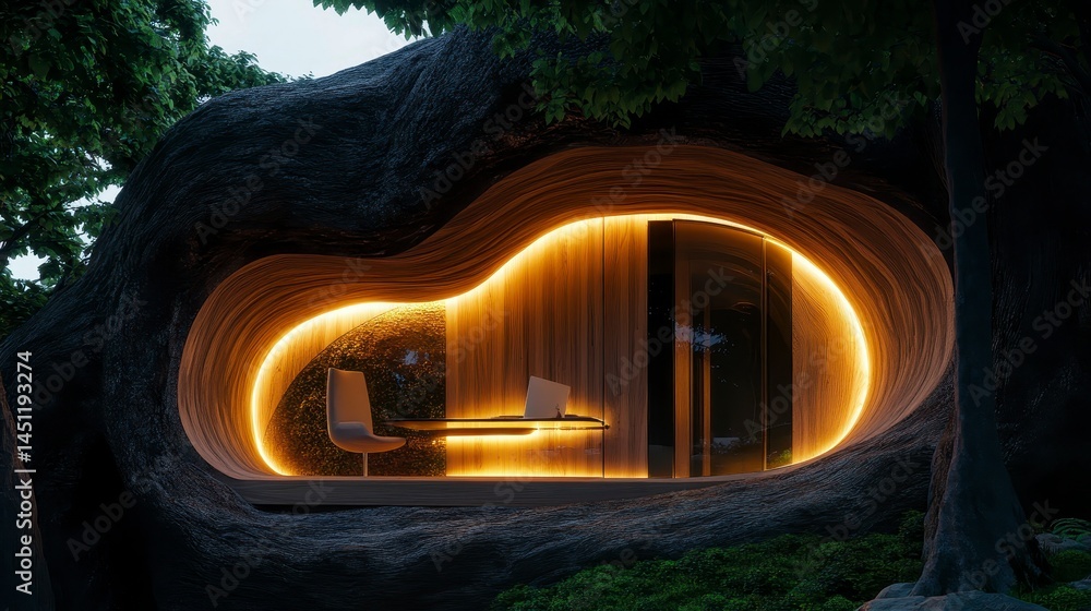 Aufkleber a modern office nestled within a large tree trunk featuring organic architecture and ambient lightin