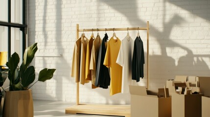 Stylishly arranged clothing display in a sunlit modern studio featuring minimalist design and warm colors