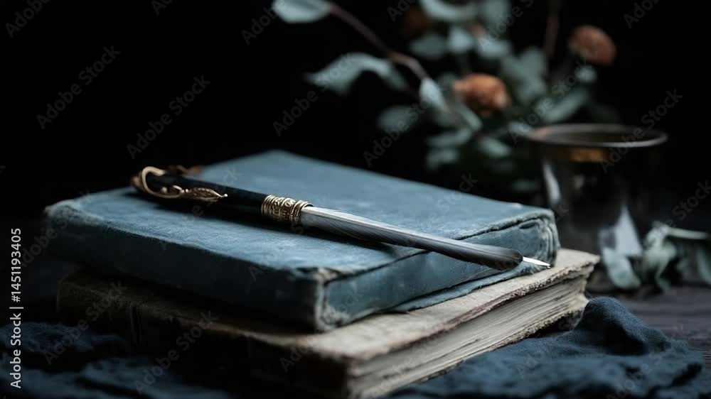 Poster stack of old books with an elegant pen resting on top set against a dark moody background. decorativ