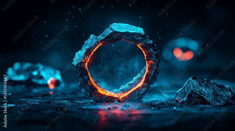 Poster an enchanting glowing ring surrounded by luminous rocks, creating a mystical atmosphere in a dark en