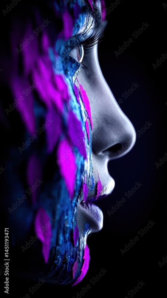 Poster surreal cosmic vision of a profiled face with double exposure of vibrant colors and space elements i