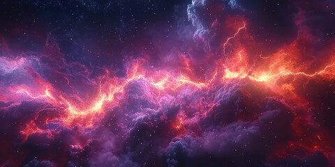 A vibrant nebula with purple and orange hues against a starry backdrop in a cosmic expanse view