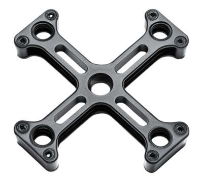 A black metal piece with four holes in it