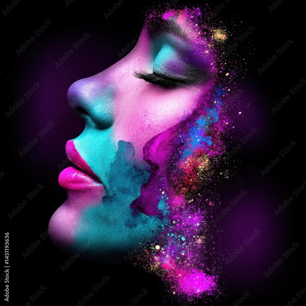 Poster surreal double exposure of cosmic colors blending with a portrait in outer space to create a dreamli