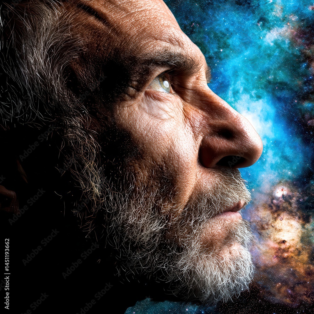 Poster surreal cosmic vision of a man's profile against a deep space background with double exposure techni