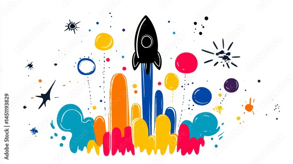 Poster a colorful rocket launching into a vibrant space filled with abstract shapes and bright splashes of 