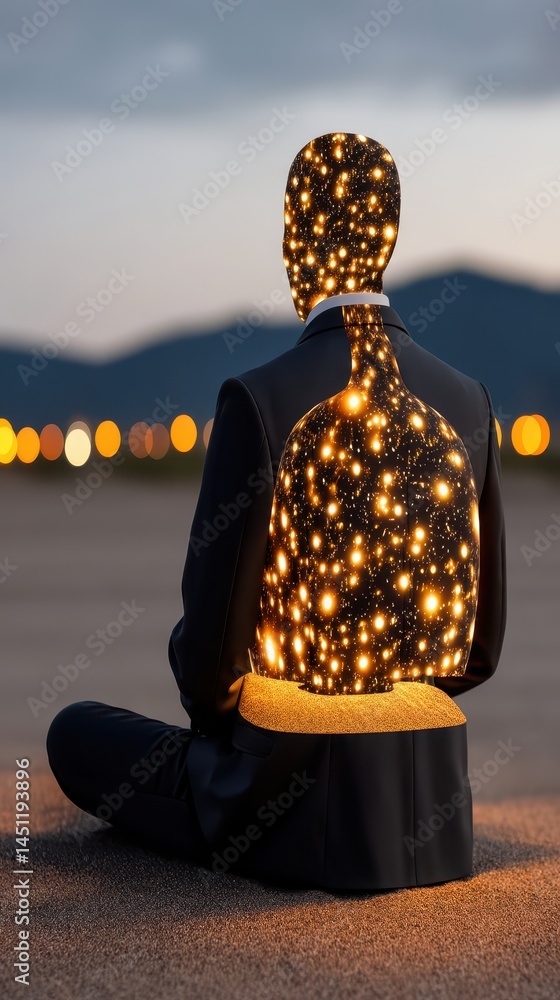 Poster surreal cosmic vision of a figure with a starry backdrop, captured with double exposure technique in