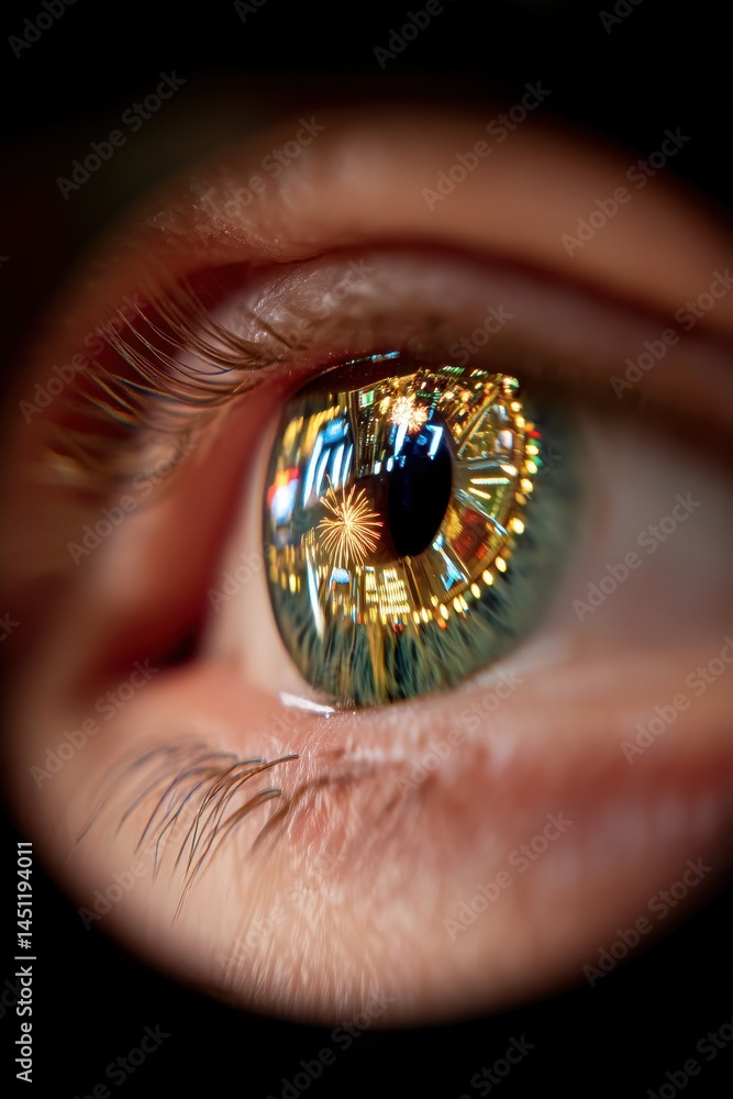 Poster surreal cosmic vision with double exposure in eye reflecting mystical space and colorful elements