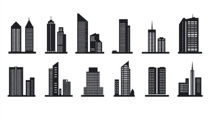 Obraz premium Cityscape skyline icons; urban architecture; building silhouettes; white background; website design