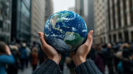 Hands holding a detailed globe symbolizing global unity and awareness in an urban environment filled with diverse people and buildings.