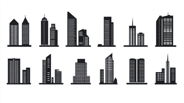 Cityscape skyline icons; urban architecture; building silhouettes; white background; website design