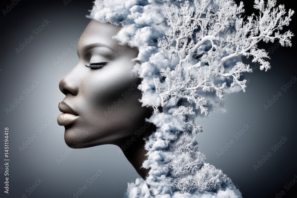 Poster surreal cosmic vision of human and nature in double exposure creating an ethereal representation of 