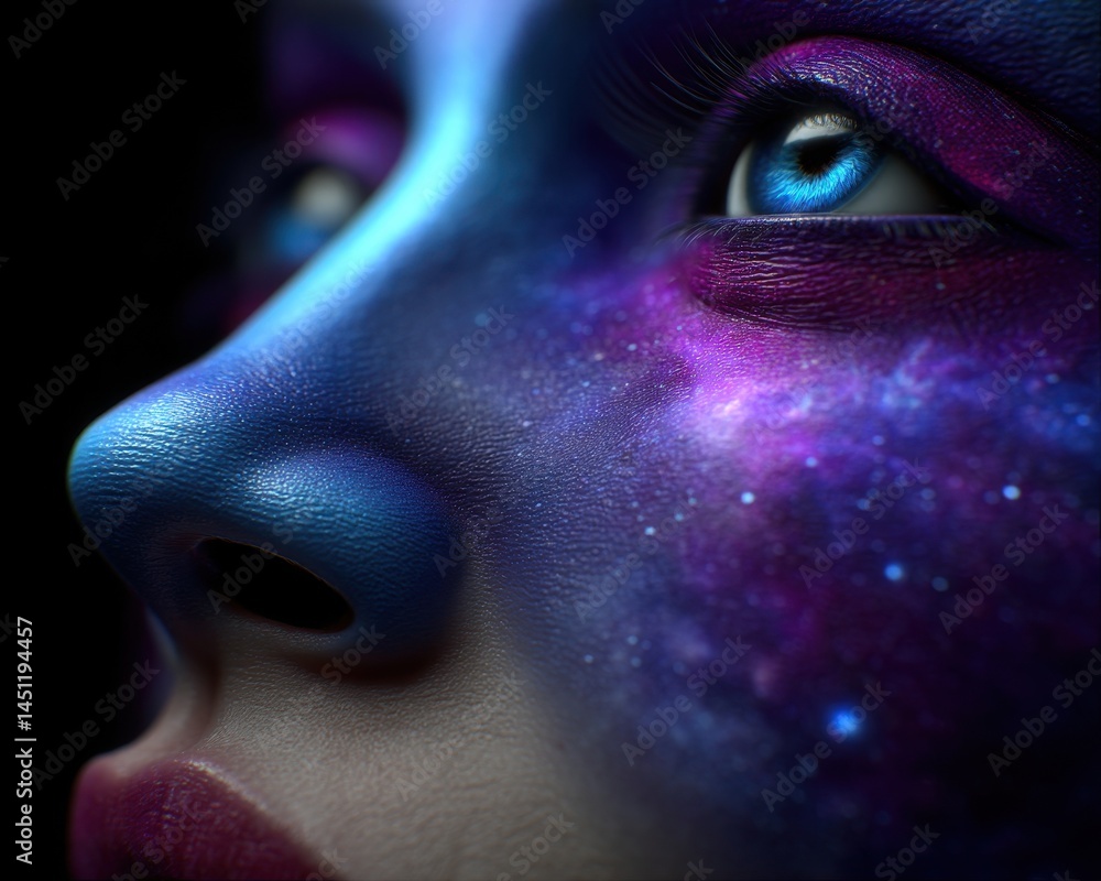 Poster surreal cosmic vision with double exposure of galactic patterns and colorful space elements illumina