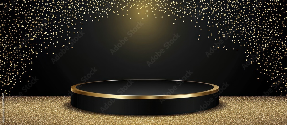 Poster elegant black podium with golden trim and sparkling confetti background for product display