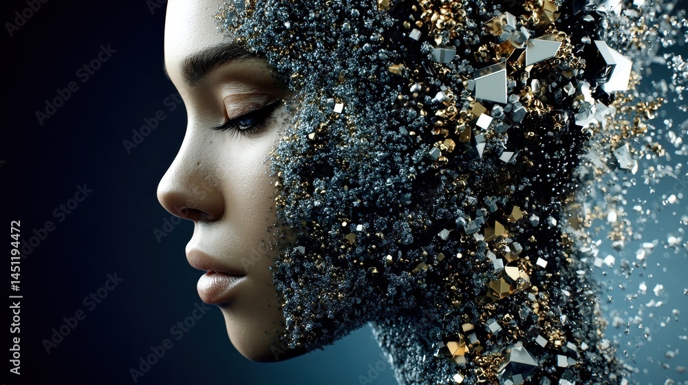 Poster surreal cosmic vision with double exposure of a human face mixed with shimmering particles in a dark