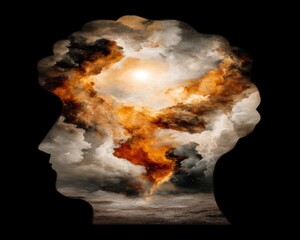Fototapeta premium Surreal Cosmic Vision with Double Exposure Effect of a Head Silhouette Merging with Space Elements and Dreamy Cloud Patterns