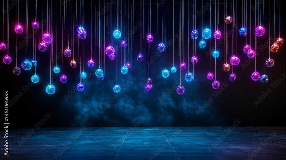 Poster a stunning display of colorful hanging orbs illuminated against a dark background contributing to a 