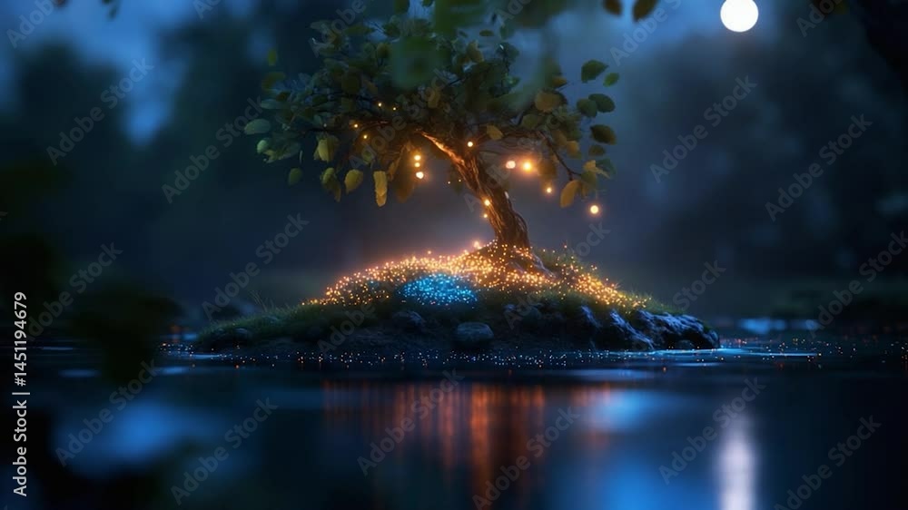 Aufkleber Illuminated tree on small island at night with moon glow reflected in water creating magical scenery