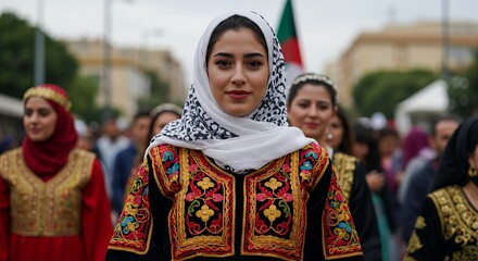 Palestinian Woman in Traditional Dress at a Cultural Event