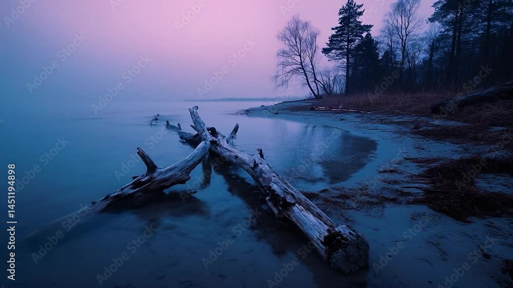 Poster tranquil waterscape featuring fallen trees in a lake with moody dusk lighting and a forested shoreli