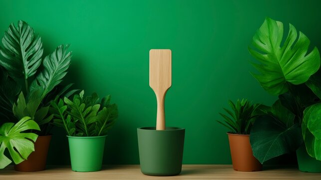 A serene arrangement of potted plants with a wooden gardening tool against a vibrant green backdrop, symbolizing growth and nurturing.