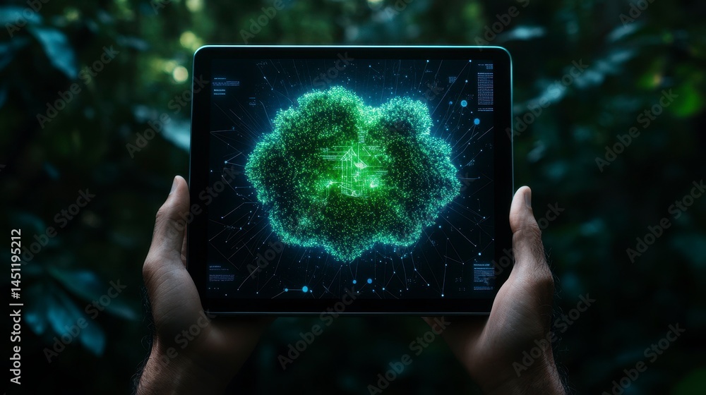 Poster person holding a futuristic tablet displaying a glowing cloud of data visualization in a lush green 