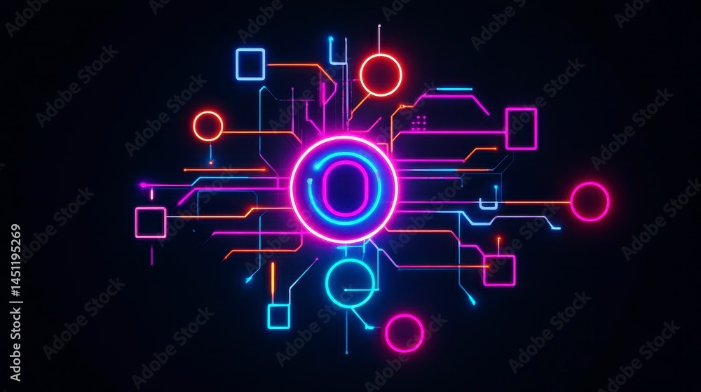 Poster vibrant abstract technology network visualization featuring neon circuits and geometric shapes in a 