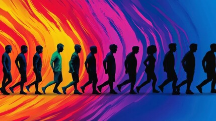 A vibrant depiction of human evolution showcasing silhouettes walking against a colorful abstract background