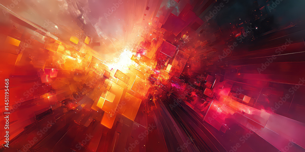 Poster abstract explosion of orange and red cubes with a dark background and bright light source