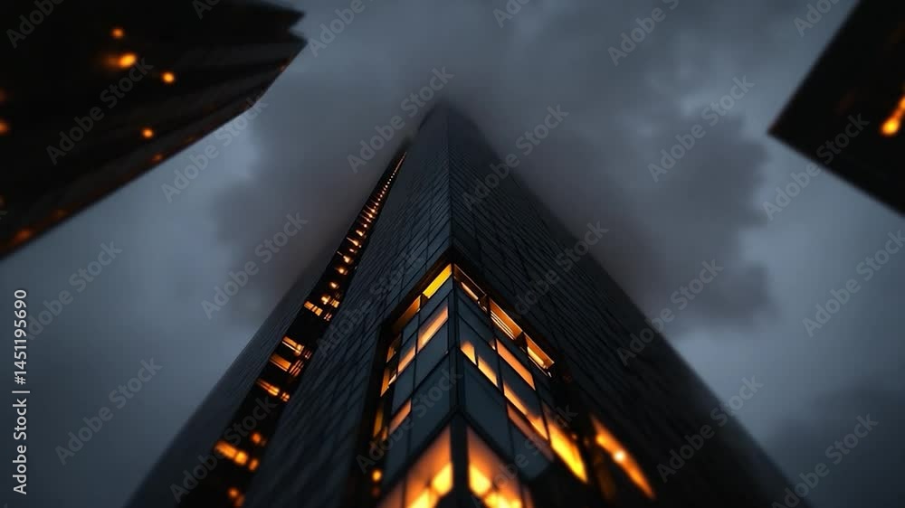 Aufkleber low angle shot of a skyscraper against a dramatic, stormy sky. the building's lit windows contrast w