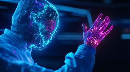 A futuristic humanoid figure with a glowing, digital face and hand engaging in a virtual interaction, showcasing advanced technology