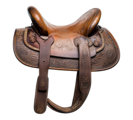 A brown leather saddle with gold designs on it