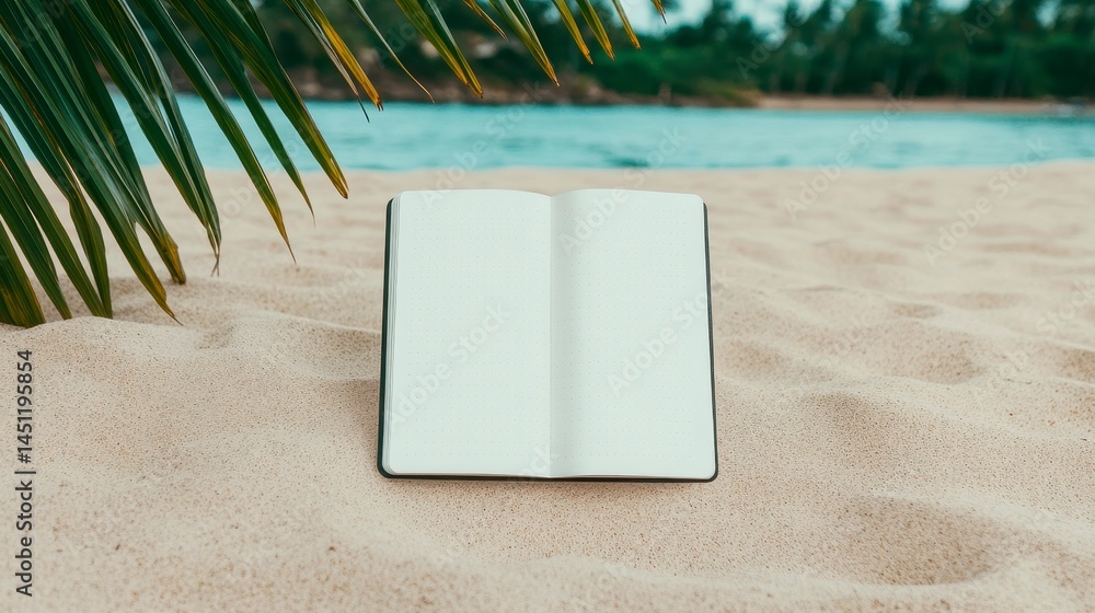 Poster an open notebook resting on sandy beach alongside a serene ocean under a leafy palm tree promoting p