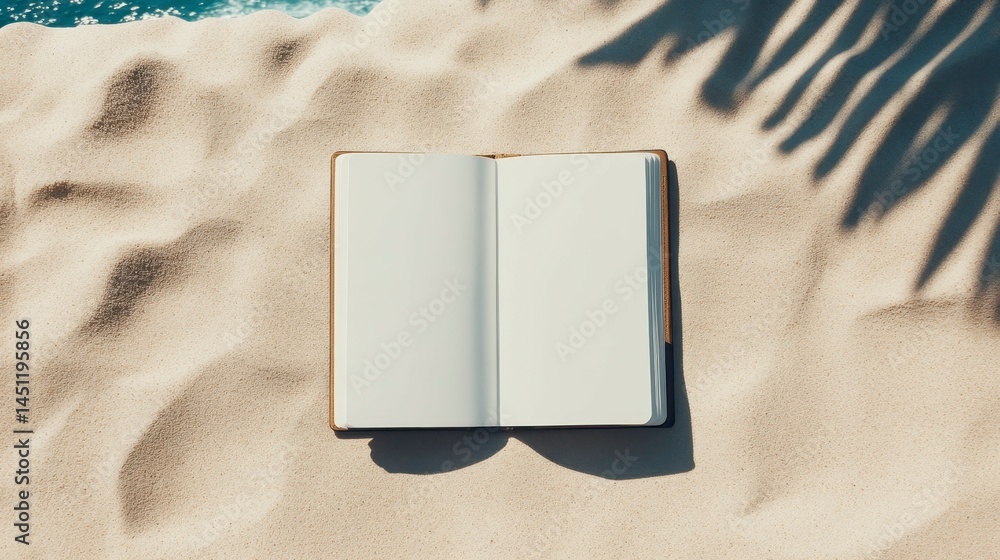 Poster an open blank notebook resting on soft sandy beach while sun casts gentle shadows, inviting creativi