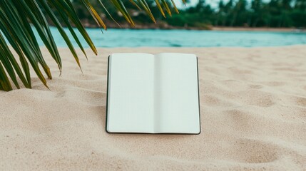 An open notebook resting on sandy beach alongside a serene ocean under a leafy palm tree promoting peace and creativity.