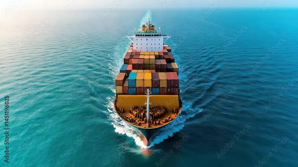 Poster aerial view of a container cargo ship sailing on turquoise ocean water with a white trail. the ship 