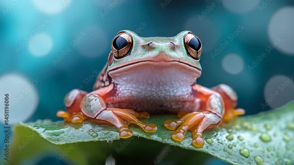 Poster close up view of a vibrant animal resting on a green leaf covered in water droplets against a soft b