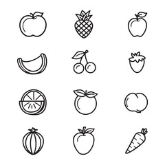 Vector line art of fresh fruits and vegetables icons set healthy food illustration outline drawing design 100 silhouette