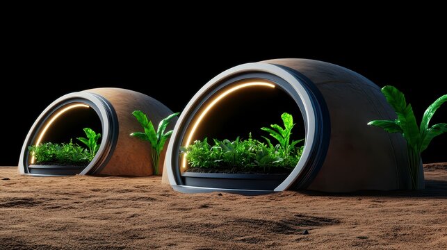 Futuristic lunar habitats featuring advanced agricultural technology with illuminated plant growth in minimalist design