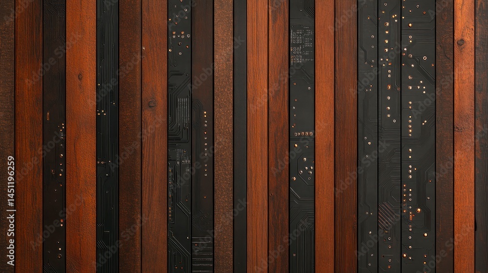 Poster a captivating abstract wood and circuit board wall with contrasting textures, creating a unique blen