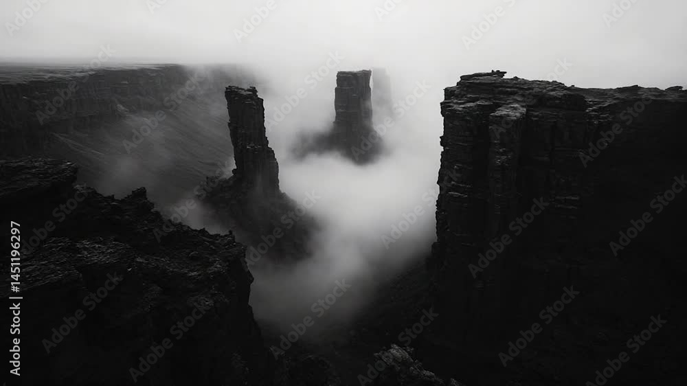 Poster dramatic black and white landscape with towering rock formations shrouded in mist evoking a sense of