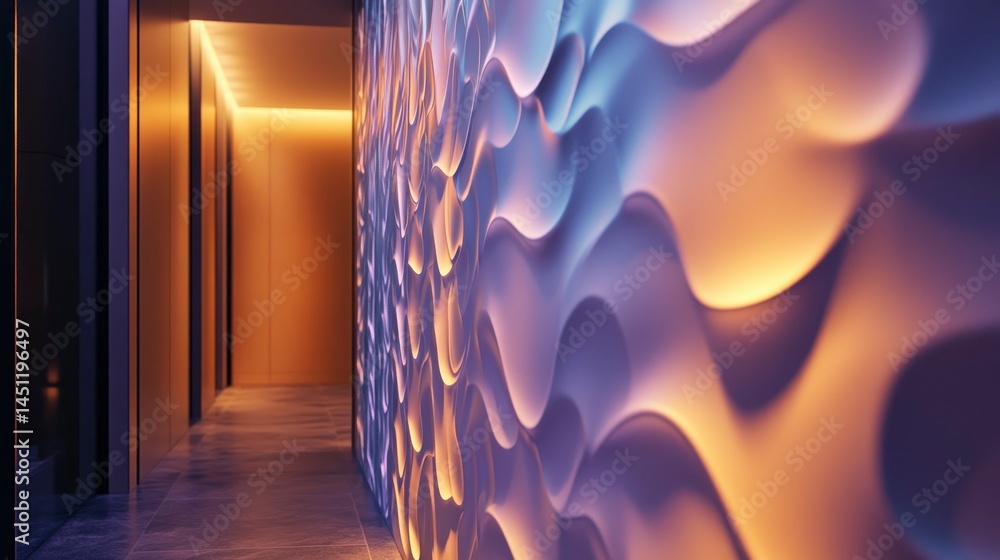 Poster stylish corridor featuring a textured wall illuminated by soft ambient lighting, creating a serene a