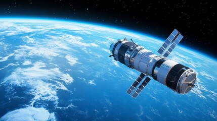 An advanced satellite gracefully orbits Earth, showcasing its detailed design and solar panels against a backdrop of space and planet Earth.