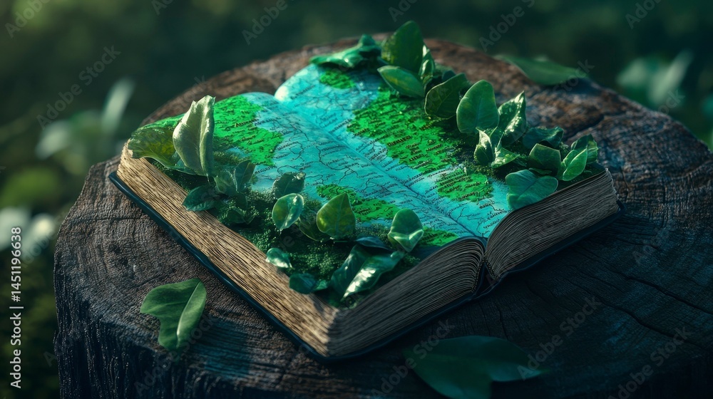 Poster an enchanted book with vibrant foliage and a detailed map emerges from a weathered tree stump in a s