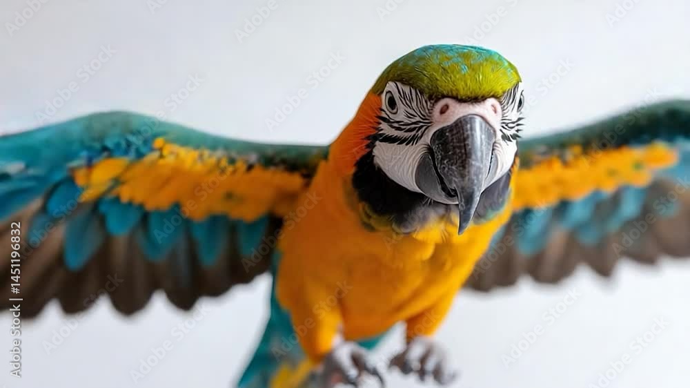 Poster Close-up view of a vibrant macaw parrot with spread wings against a plain white backdrop. Displaying vivid colors and detailed feather patterns. Subject is in focus with blurred background