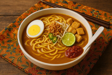 Mee Rebus – Malaysian Yellow Noodles in Thick Spiced Gravy with Egg, Tofu, and Lime