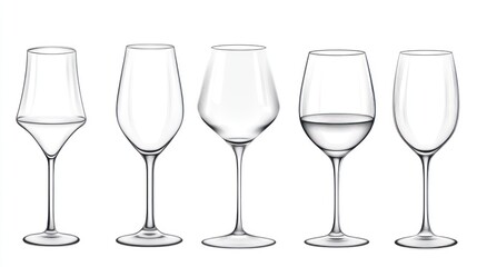 Wine Glass Variety on White Background